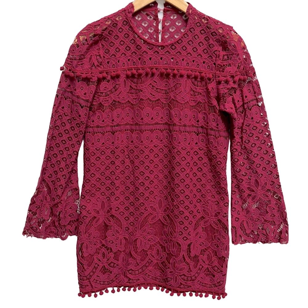 Tularosa Matilda Lace Dress Wine Red High Neck Bell Sleeves Women Small